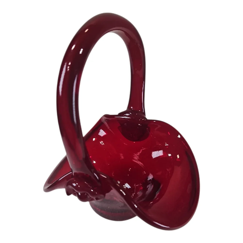 Vintage Red Art Glass Basket Small Hand Blown Style Decorative Display Bowl